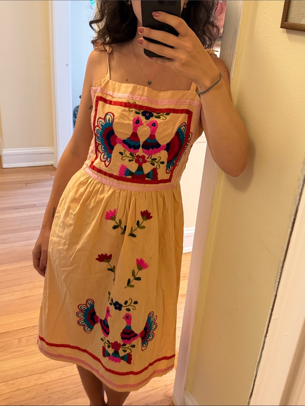 Vintage Hand Embroidered Cream Colored Cotton Sundress with Folk Bird Motif